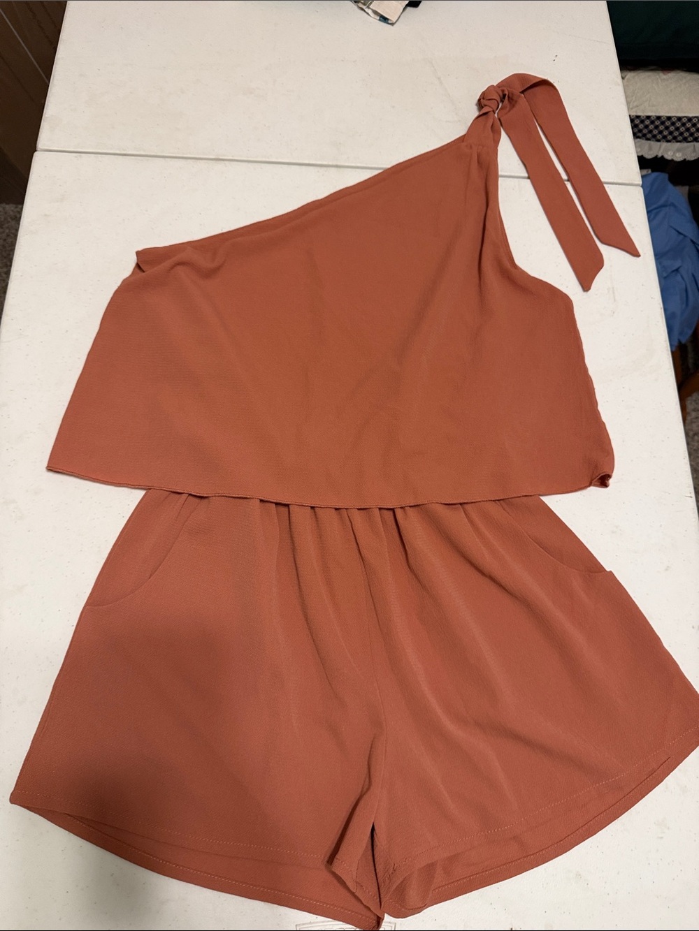 Pink Lily One-Shoulder Rust Romper with Tie Strap